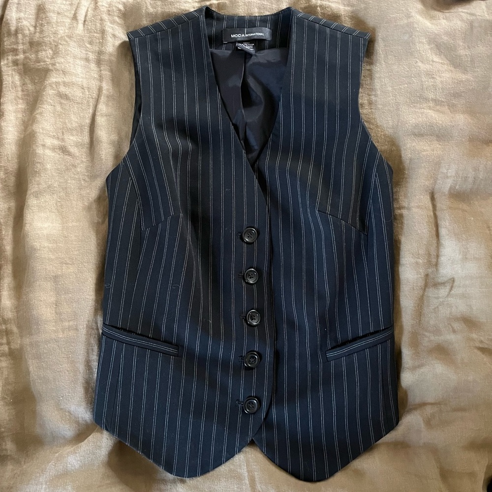 Moda International Black Pinstripe Vest with Subtle Gray Stripes